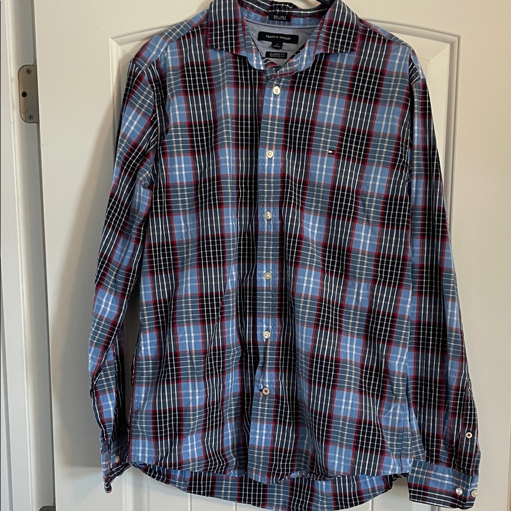 Tommy Hilfiger Men's Red and Blue Checkered Shirt